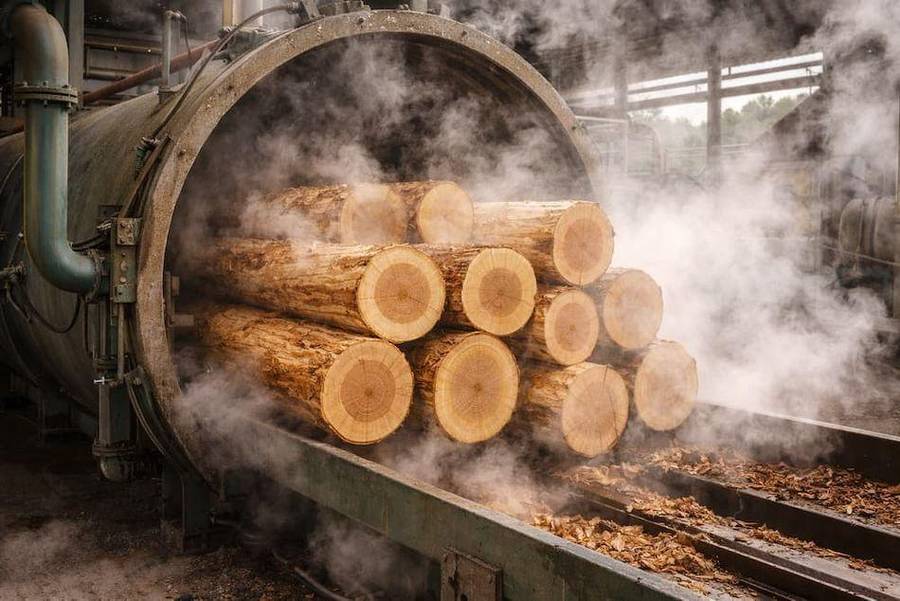 Birch logs being steam conditioned inside a large industrial chamber