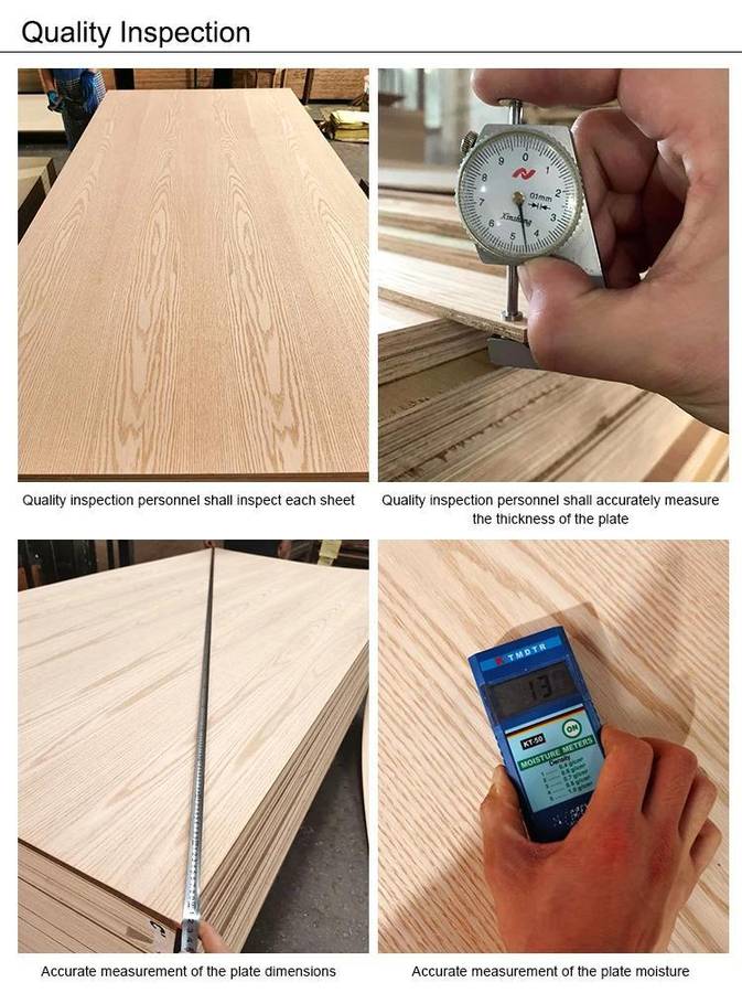 Inspectors checking plywood veneer thickness, dimensions and moisture