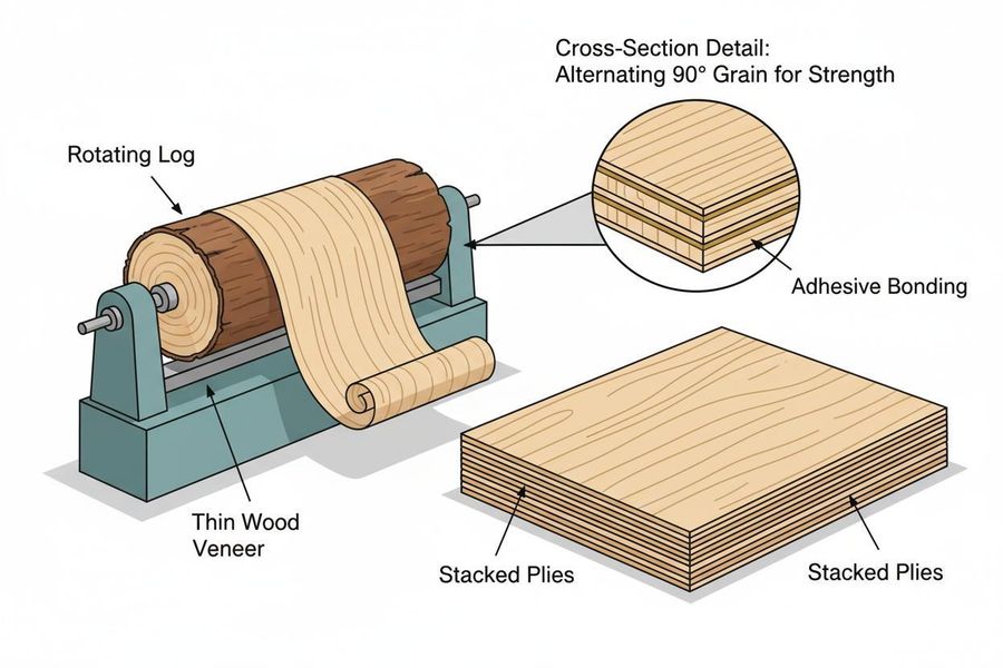 Diagram of a log peeling into veneer, and plywood plies stacked with alternating 90 degree grain