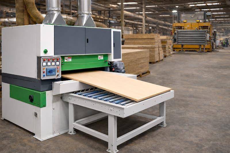 A birch plywood sheet feeding into an industrial wide-belt sanding machine