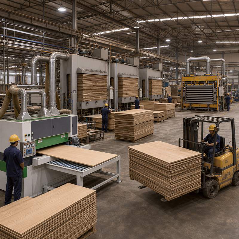Plywood sheets being pressed and stacked in a factory