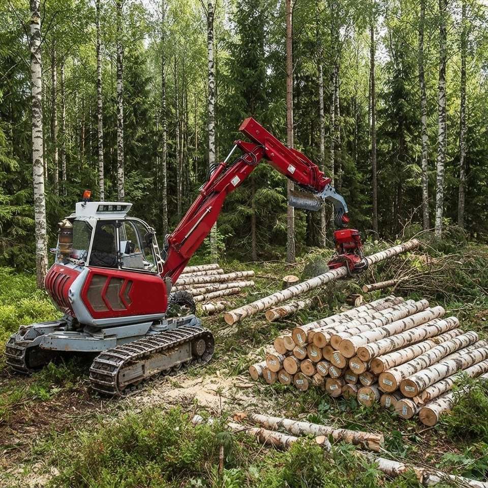 Birch logs being harvested in a forest