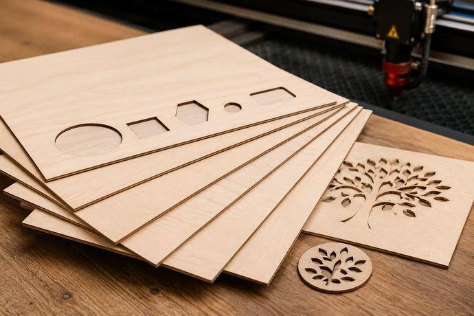 Thin birch plywood sheets with laser-cut shapes and a tree design